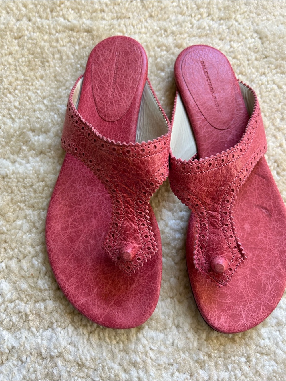 Balenciaga Pink Leather Thong Sandals Size 38 Italy Perforated Flat Slides US 8